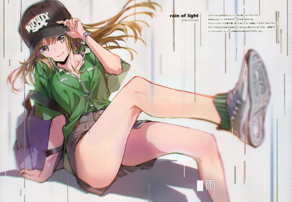 Anime picture 4876x3383 with original tiv single long hair looking at viewer fringe highres breasts open mouth light erotic simple background hair between eyes brown hair sitting brown eyes absurdres full body bent knee (knees) nail polish head tilt