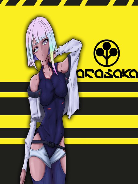 Anime picture 1080x1440 with cyberpunk edgerunners cyberpunk 2077 studio trigger lucy (cyberpunk) rainbow d fox single tall image looking at viewer fringe short hair breasts light erotic simple background standing white hair blunt bangs long sleeves head tilt arm up off shoulder