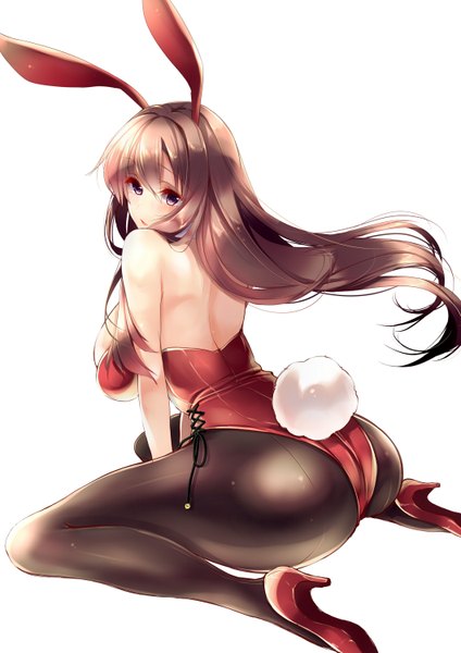 Anime picture 1060x1500 with original amane ruri single long hair tall image looking at viewer blush fringe breasts light erotic simple background brown hair white background sitting purple eyes animal ears ass tail parted lips animal tail