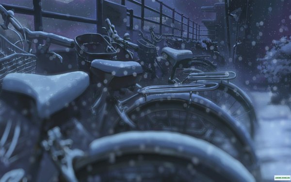 Anime picture 1920x1200 with 5 centimeters per second highres wide image night snowing winter snow ground vehicle bicycle