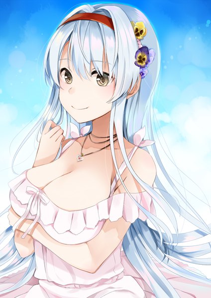 Anime picture 707x1000 with kantai collection shoukaku aircraft carrier yuna (yukiyuna) single long hair tall image fringe breasts light erotic smile hair between eyes large breasts yellow eyes looking away cleavage silver hair upper body girl flower (flowers) pendant