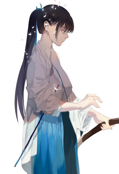 Anime picture 2031x2952 with original dj.adonis single long hair tall image fringe highres blue eyes black hair simple background white background ponytail japanese clothes looking down girl ribbon (ribbons) hair ribbon petals