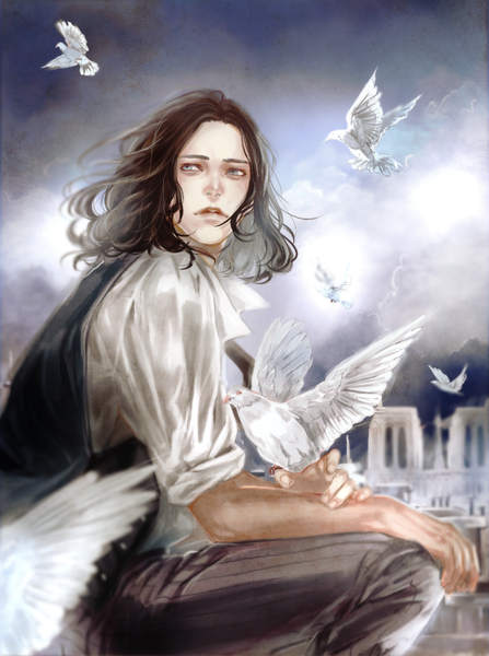 Anime picture 671x900 with original saito yukihiro single long hair tall image black hair sitting looking away sky cloud (clouds) bent knee (knees) outdoors parted lips wind realistic grey eyes bird on hand boy animal shirt