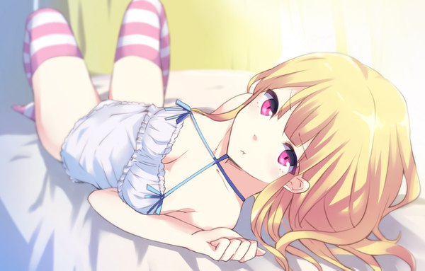 Anime picture 1273x813 with original gucchiann single long hair looking at viewer blush breasts light erotic blonde hair lying pink eyes blurry on back depth of field legs up :t girl thighhighs dress underwear