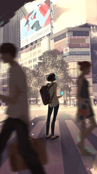 Anime picture 2302x4093 with original maeda-mic tall image highres short hair standing holding outdoors wind from behind blurry walking crosswalk girl plant (plants) tree (trees) shoes headphones building (buildings) t-shirt