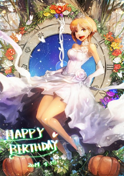 Anime picture 707x1000 with idolmaster idolmaster cinderella girls aiba yumi holysnow single tall image looking at viewer fringe short hair open mouth bare shoulders holding yellow eyes orange hair high heels happy girl dress gloves hair ornament