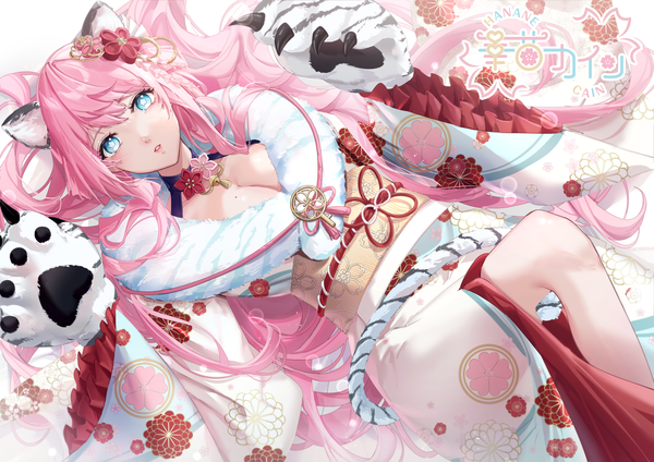 Anime picture 1736x1228 with original nu10040904 single long hair looking at viewer highres breasts blue eyes light erotic large breasts signed animal ears pink hair cleavage traditional clothes japanese clothes mole new year tiger ears girl
