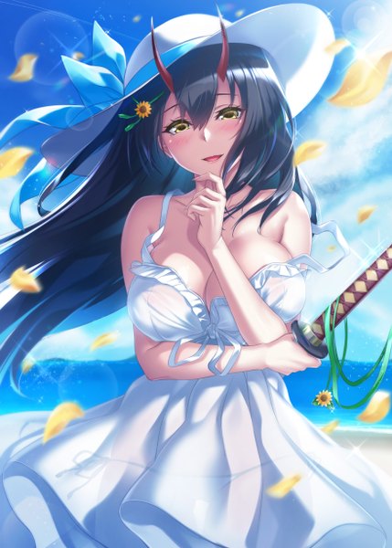Anime picture 878x1228 with azur lane suzuya (azur lane) ken ill single long hair tall image looking at viewer blush fringe breasts open mouth light erotic black hair smile hair between eyes large breasts standing bare shoulders holding yellow eyes