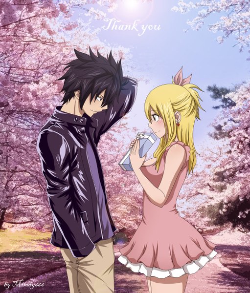 Anime picture 1024x1203 with fairy tail lucy heartfilia gray fullbuster milady666 long hair tall image blush breasts black hair blonde hair smile brown eyes looking away sky sunlight open clothes open jacket one side up cherry blossoms arms behind head