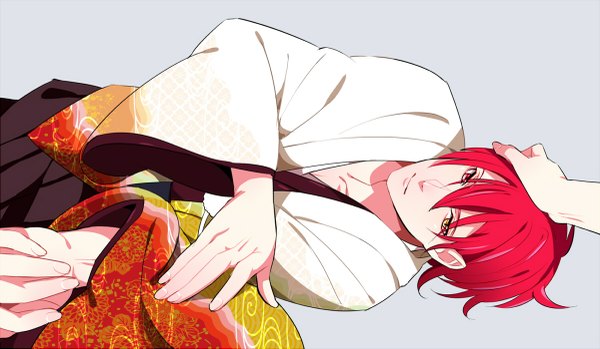 Anime picture 1200x699 with kuroko no basket production i.g akashi seijuurou yuna (rutera) single short hair simple background wide image yellow eyes red hair lying traditional clothes japanese clothes pink eyes grey background heterochromia hand on head boy hand hands
