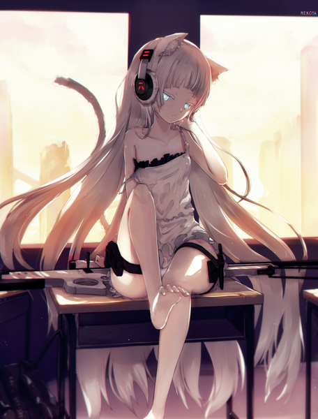 Anime-Bild 950x1250 mit girls frontline original awp (girls frontline) (dyolf) nekoya (liu) single tall image looking at viewer fringe blue eyes light erotic sitting signed animal ears bent knee (knees) white hair indoors tail blunt bangs very long hair head tilt