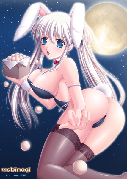 Anime picture 1239x1740 with mabinogi nao (mabinogi) tall image blue eyes light erotic white hair girl thighhighs moon bunnysuit