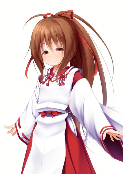 Anime picture 1339x1892 with original tachibana mion (izumi kazusa) haryuu (poetto) single long hair tall image looking at viewer open mouth simple background smile brown hair white background brown eyes ahoge ponytail long sleeves traditional clothes japanese clothes fang (fangs) miko