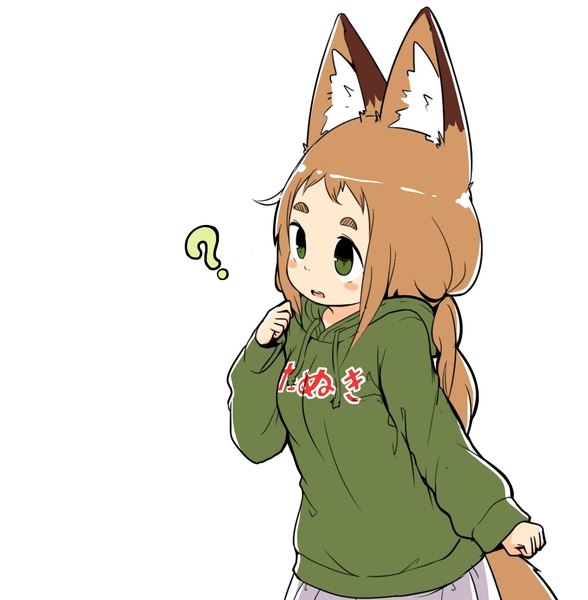 Anime picture 1238x1264 with original poko (yutturi) yutturi single long hair tall image open mouth simple background brown hair white background twintails green eyes animal ears looking away tail long sleeves animal tail low twintails clothes writing ?