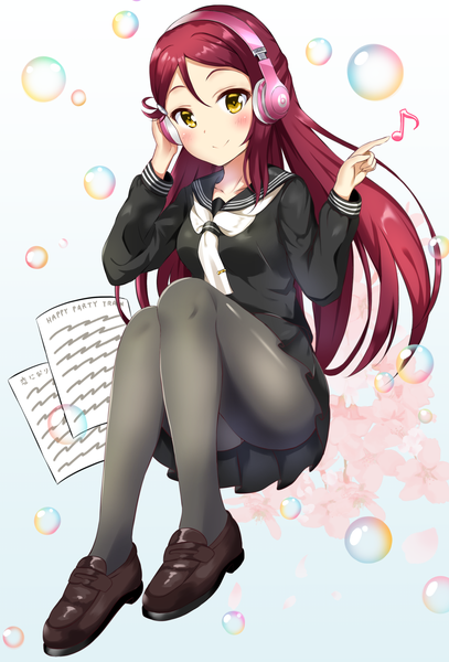 Anime picture 1254x1848 with love live! sunshine!! sunrise (studio) love live! sakurauchi riko koda (k-works) single long hair tall image looking at viewer blush light erotic sitting yellow eyes full body red hair light smile hand on headphones girl uniform pantyhose