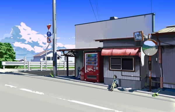 Anime picture 1679x1077 with original kuronokuro short hair black hair sitting cloud (clouds) eyes closed girl serafuku house road traffic sign traffic mirror
