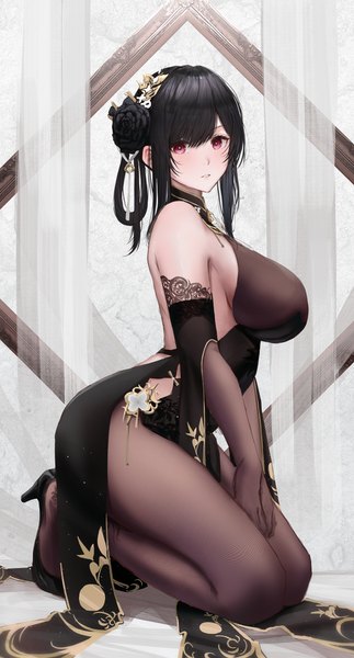 Anime picture 2200x4093 with azur lane chen hai (azur lane) chen hai (vestibule of wonders) (azur lane) ressec single tall image looking at viewer fringe highres short hair breasts light erotic black hair hair between eyes red eyes large breasts full body traditional clothes parted lips hair flower