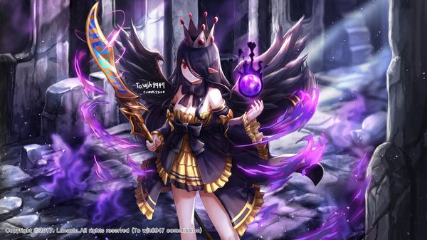 Anime picture 1920x1080 with dungeon and fighter lunacle single long hair fringe highres black hair red eyes wide image bare shoulders cleavage from above pointy ears hair over one eye girl weapon detached sleeves wings crown