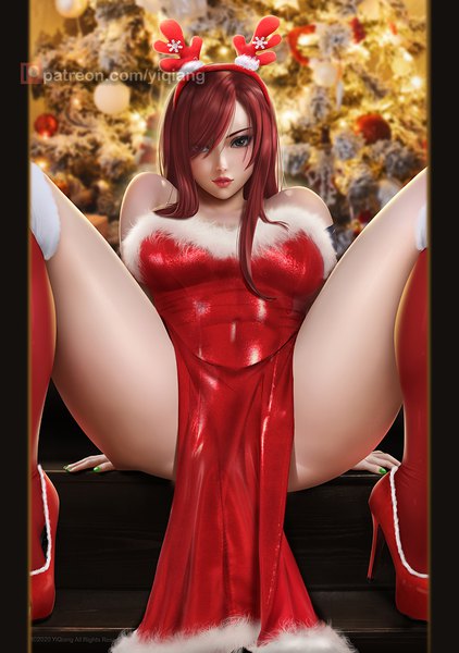 Anime picture 777x1104 with fairy tail erza scarlet yi qiang single long hair tall image looking at viewer blush fringe light erotic bare shoulders brown eyes red hair nail polish lips hair over one eye realistic arm support high heels spread legs