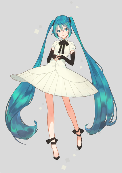 Anime picture 618x875 with vocaloid hatsune miku maeya susumu single tall image fringe simple background hair between eyes twintails full body very long hair aqua eyes aqua hair grey background puffy sleeves hands clasped girl dress gloves black gloves
