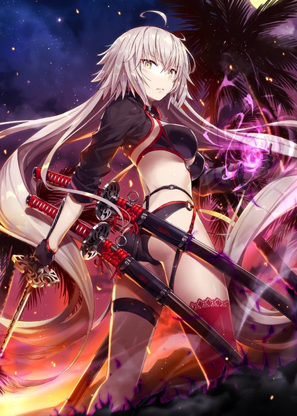 Anime picture 642x900 with fate (series) fate/grand order jeanne d'arc (fate) (all) jeanne d'arc alter (fate) jeanne d'arc alter (swimsuit berserker) (fate) gabiran single tall image looking at viewer blush fringe light erotic hair between eyes standing holding yellow eyes payot silver hair cloud (clouds) ahoge