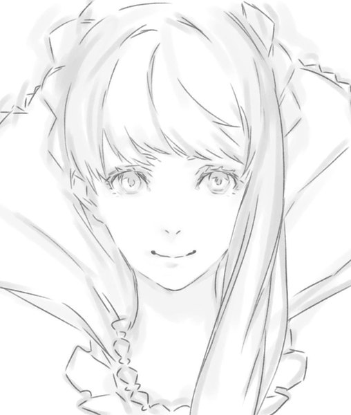Anime picture 877x1035 with aldnoah.zero a-1 pictures asseylum vers allusia miwa shirow single long hair tall image looking at viewer fringe simple background smile white background braid (braids) monochrome portrait traditional media crown braid asymmetrical hair sketch popped collar