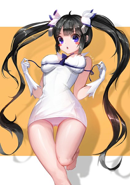 Anime picture 600x851 with dungeon ni deai wo motomeru no wa machigatteiru darou ka j.c. staff hestia (danmachi) emyo single long hair tall image looking at viewer blush fringe breasts open mouth light erotic black hair large breasts purple eyes twintails bare shoulders bent knee (knees) barefoot