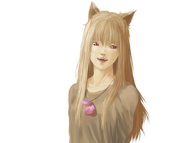 Anime picture 1008x800 with spice and wolf horo single long hair looking at viewer highres open mouth simple background red eyes brown hair white background animal ears upper body teeth fang (fangs) girl sweater