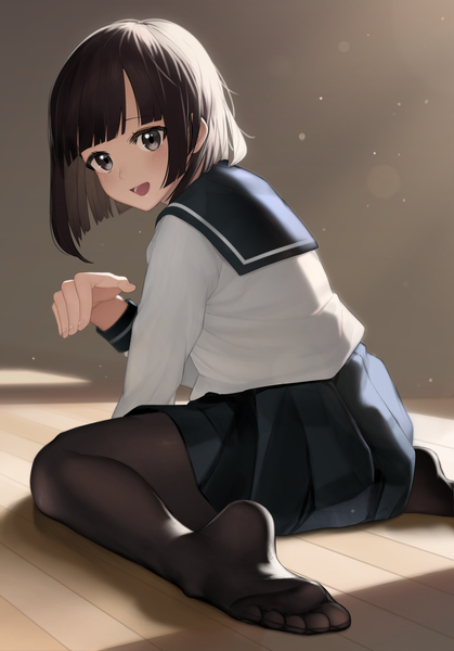 Anime picture 2886x4130 with original yoshihiro (yoshihiro12190) single tall image looking at viewer blush fringe highres short hair open mouth smile brown hair sitting bent knee (knees) indoors blunt bangs long sleeves :d pleated skirt looking back