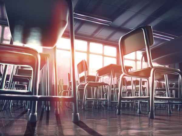 Anime picture 1200x900 with vocaloid yonasawa (artist) sunlight evening sunset no people classroom window chair table lamp desk