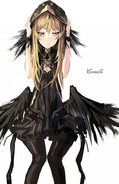 Anime picture 650x1000 with original makai no juumin single long hair tall image fringe simple background blonde hair standing white background holding yellow eyes inscription looking down black wings girl dress pantyhose wings black dress