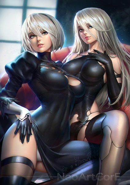 Anime picture 800x1132 with nier nier:automata yorha no. 2 type b yorha type a no. 2 nudtawut thongmai long hair tall image looking at viewer fringe short hair breasts light erotic hair between eyes sitting bare shoulders multiple girls green eyes signed cleavage silver hair