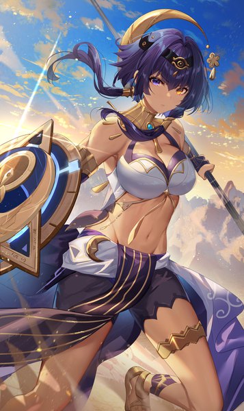 Anime picture 3747x6304 with genshin impact candace (genshin impact) shanguier single tall image looking at viewer fringe highres short hair breasts blue eyes light erotic hair between eyes holding yellow eyes blue hair absurdres sky cleavage cloud (clouds)