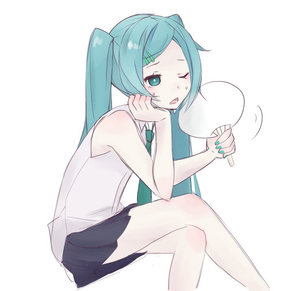 Anime picture 900x900 with vocaloid hatsune miku nkz single long hair blush open mouth simple background white background sitting twintails bare shoulders looking away nail polish one eye closed aqua eyes aqua hair arm support crossed legs summer