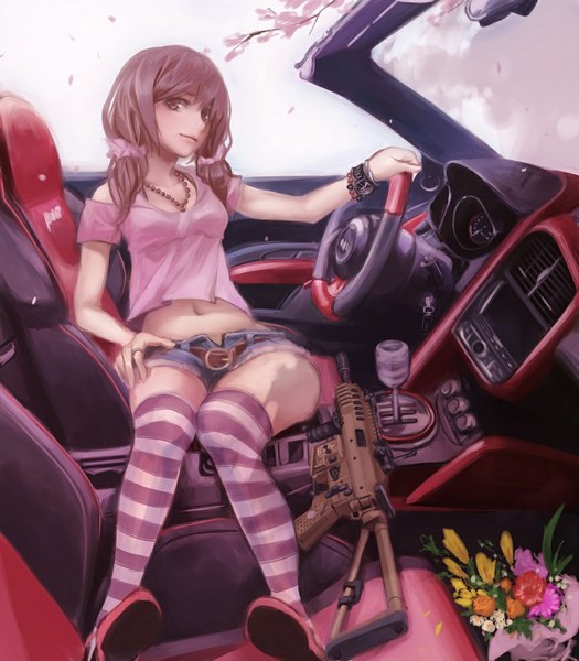 Anime picture 983x1123 with original audi koh (minagi kou) single long hair tall image looking at viewer blush brown hair sitting twintails brown eyes hand on hip low twintails car interior girl thighhighs navel flower (flowers) weapon