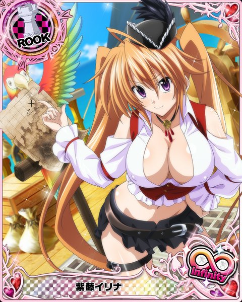 Anime picture 640x800 with highschool dxd shidou irina single tall image looking at viewer blush breasts light erotic smile brown hair large breasts purple eyes twintails cleavage very long hair card (medium) pirate girl skirt hat