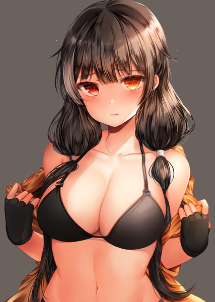 Anime picture 900x1265 with girls frontline ro635 (girls frontline) zerocat single long hair tall image looking at viewer blush fringe breasts light erotic black hair simple background red eyes large breasts twintails cleavage upper body multicolored hair grey background