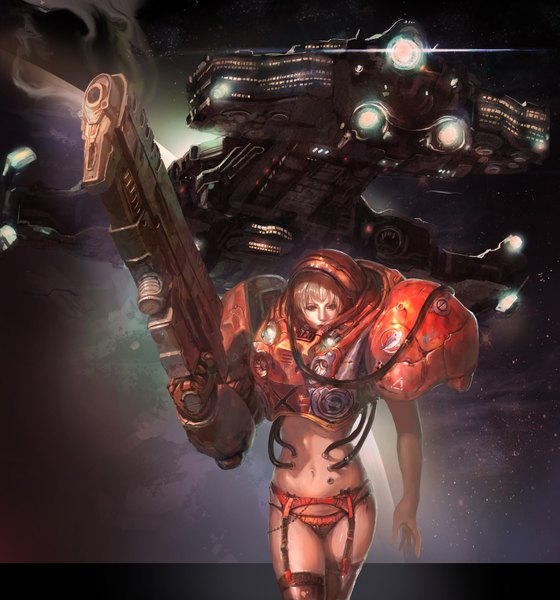 Anime picture 2000x2142 with starcraft blizzard entertainment terran marine inshoo (shaonav) single tall image highres blonde hair midriff light space science fiction girl thighhighs navel weapon armor garter straps star (stars) helmet