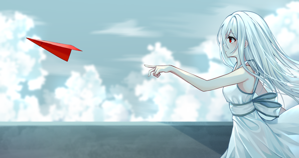 Anime picture 1500x793 with original yaya (yayaa 00) single long hair blush fringe hair between eyes red eyes wide image standing payot looking away sky cloud (clouds) outdoors white hair profile wind blurry depth of field