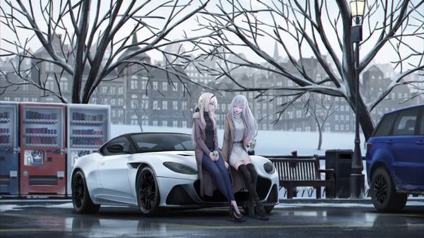 Anime-Bild 2304x1296 mit girls frontline aston martin ltd ak-12 (girls frontline) an-94 (girls frontline) m4a1 (girls frontline) fuyu no kaze long hair highres blonde hair smile wide image multiple girls holding green eyes signed looking away silver hair full body outdoors eyes closed