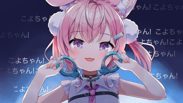 Anime picture 3037x1709 with virtual youtuber hololive shukusei!! loli-gami requiem hakui koyori hakui koyori (1st costume) amimi (artist) single looking at viewer highres open mouth smile wide image purple eyes animal ears pink hair braid (braids) two side up sleeveless text :3