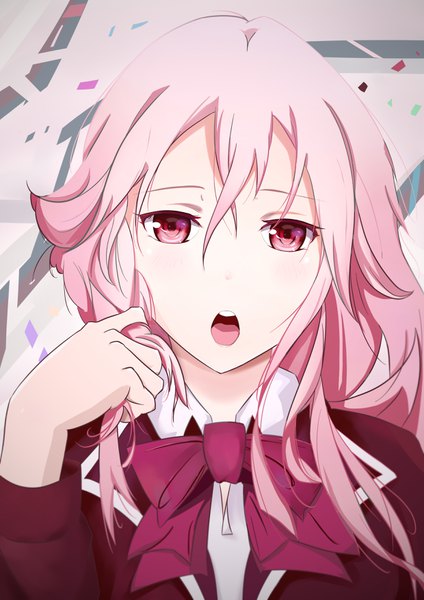 Anime picture 2480x3507 with guilty crown production i.g yuzuriha inori oyoungj single long hair tall image looking at viewer blush fringe highres open mouth hair between eyes pink hair upper body pink eyes teeth holding hair girl uniform