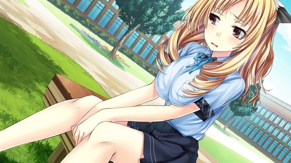 Anime picture 1280x720 with ayame no machi to ohimesama naruko ran kazuharu kina single long hair blush breasts open mouth blonde hair wide image large breasts sitting brown eyes looking away game cg girl skirt uniform hair ornament plant (plants)