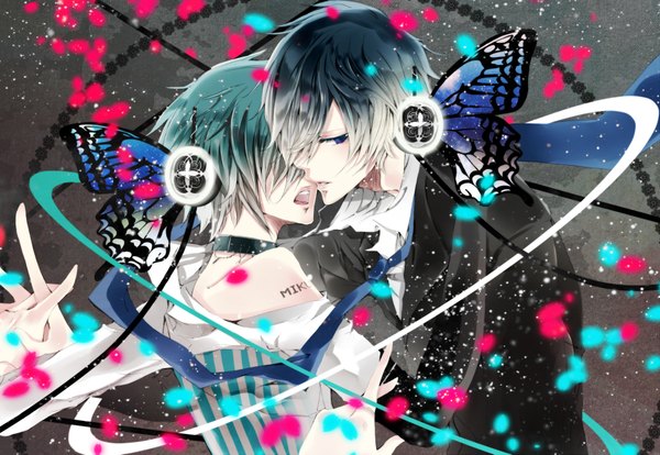 Anime picture 2000x1383 with vocaloid magnet (vocaloid) kaito (vocaloid) hatsune mikuo daiviad highres short hair blue eyes purple eyes bare shoulders blue hair grey hair from behind aqua hair grey background multiple boys tattoo couple hug back