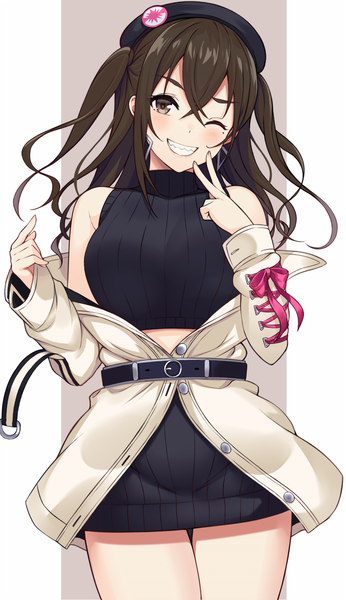 Anime picture 1011x1753 with idolmaster idolmaster cinderella girls sunazuka akira sukebewe single long hair tall image looking at viewer fringe open mouth smile hair between eyes brown hair standing bare shoulders brown eyes one eye closed wink mole two side up