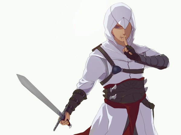 Anime picture 1024x768 with assassin's creed (game) ezio auditore da firenze single simple background white background finger to mouth scar boy weapon sword fingerless gloves hood suit single glove