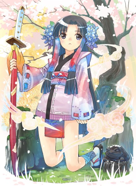 Anime picture 881x1200 with original hirokiku single long hair tall image black hair purple eyes looking away traditional clothes hair flower kneeling cherry blossoms girl hair ornament flower (flowers) weapon plant (plants) sword tree (trees) katana