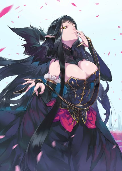 Anime-Bild 2220x3106 mit fate (series) fate/apocrypha semiramis (fate) ohland single tall image looking at viewer fringe highres breasts light erotic black hair large breasts standing yellow eyes payot cleavage very long hair parted lips pointy ears