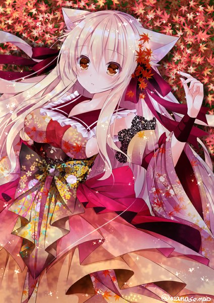 Anime picture 707x1000 with original nanase kureha nanase nao single long hair tall image looking at viewer blush fringe breasts open mouth blonde hair large breasts brown eyes signed animal ears lying long sleeves traditional clothes japanese clothes