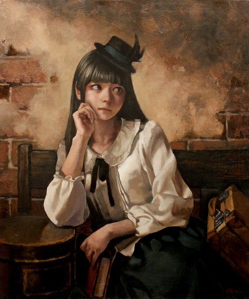Anime picture 1598x1917 with original pony single long hair tall image fringe black hair sitting brown eyes looking away indoors blunt bangs realistic expressionless chin rest traditional media brick wall girl skirt ribbon (ribbons)